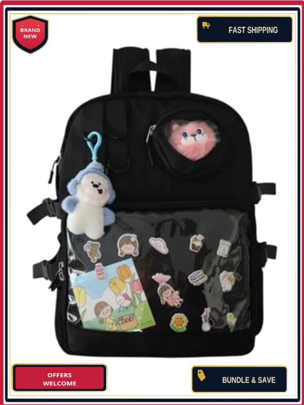 Nylon PVC Clear Window Backpack with Pin Display for School Travel Hiking